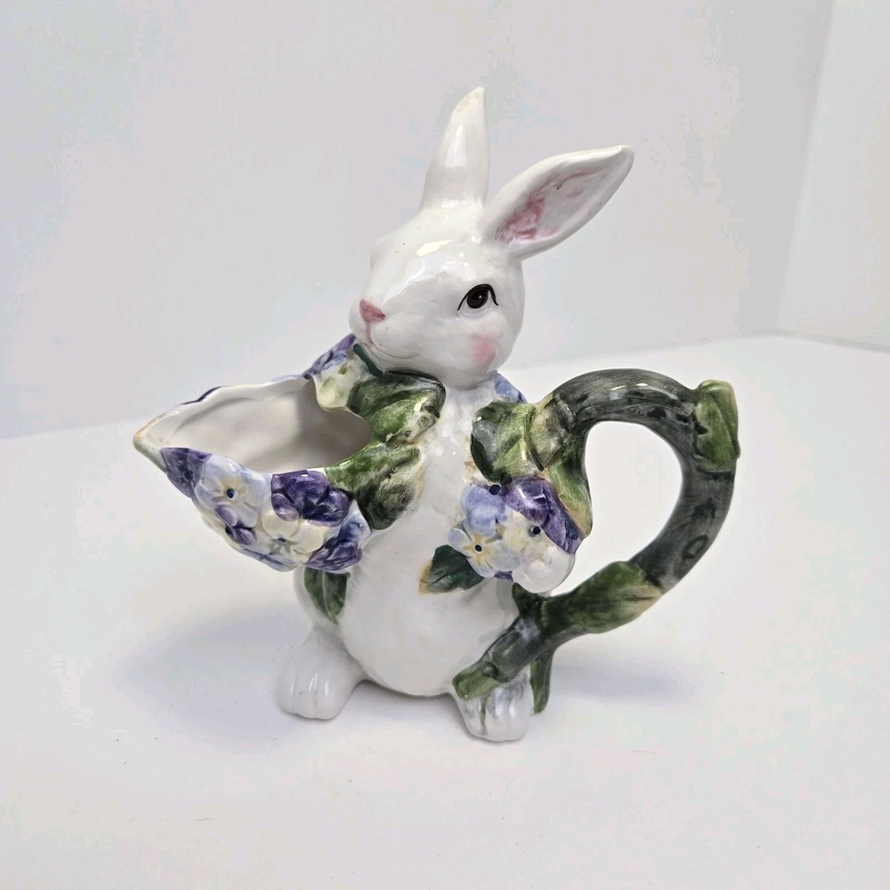 Enesco Vintage Bunny Rabbit Creamer Purple Flowers Ceramic Lusterware Spring